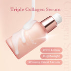 Medicube Triple Collagen Serum bottle with serum flowing out on a pink background