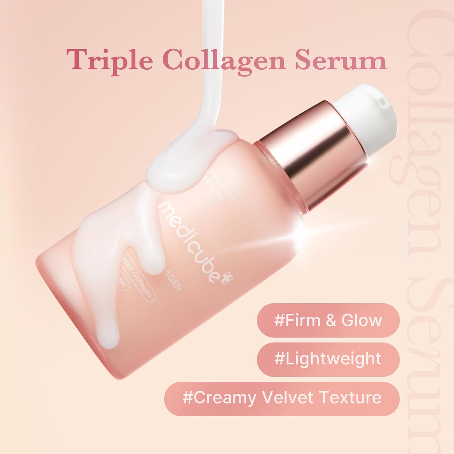 Medicube Triple Collagen Serum bottle with serum flowing out on a pink background