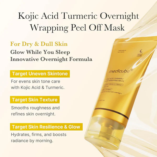 Kojic Acid Turmeric Overnight Wrapping Peel Off Mask packaging with product description on a light background