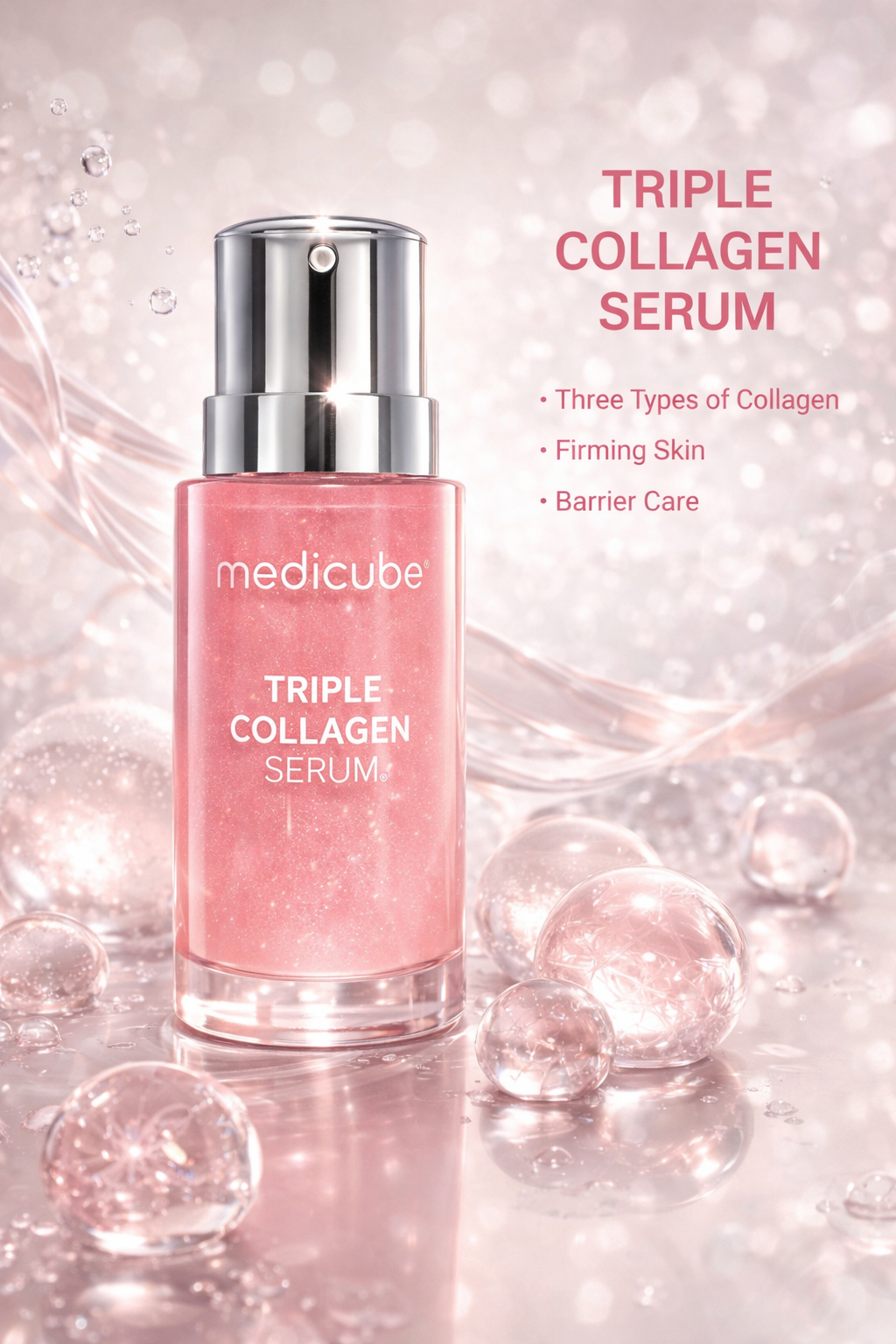 Medicube Triple Collagen Serum in pink bottle with silver pump for firming and hydrating skin – Korean skincare product.”

“Medicube Triple Collagen Serum for anti-aging, skin elasticity and barrier care – premium Korean face serum.”

“Close-up of Medicube Triple Collagen Serum bottle designed for hydrated, firm and glowing skin.”

“Luxury Korean skincare – Medicube Triple Collagen Serum for youthful, smooth and radiant skin.”

“Medicube Triple Collagen Serum pink glass bottle – hydrating and firming face s