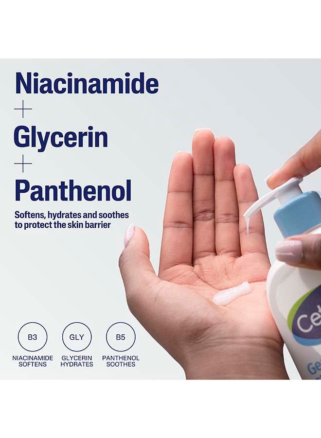 Hand holding a bottle of Cetaphil Gentle Skin Cleanser with text about niacinamide, glycerin, and panthenol on a light gray background.