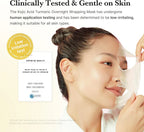 Woman applying a face mask with text about clinical testing and skin compatibility.