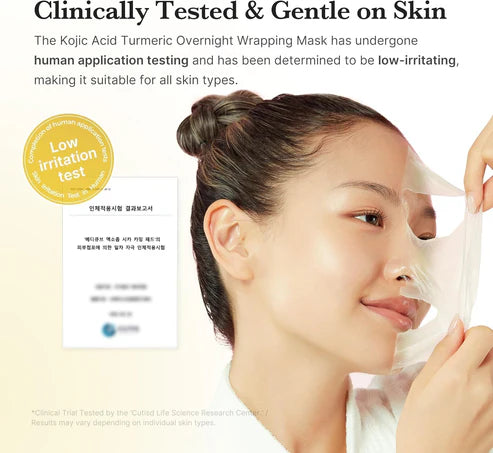 Woman applying a face mask with text about clinical testing and skin compatibility.